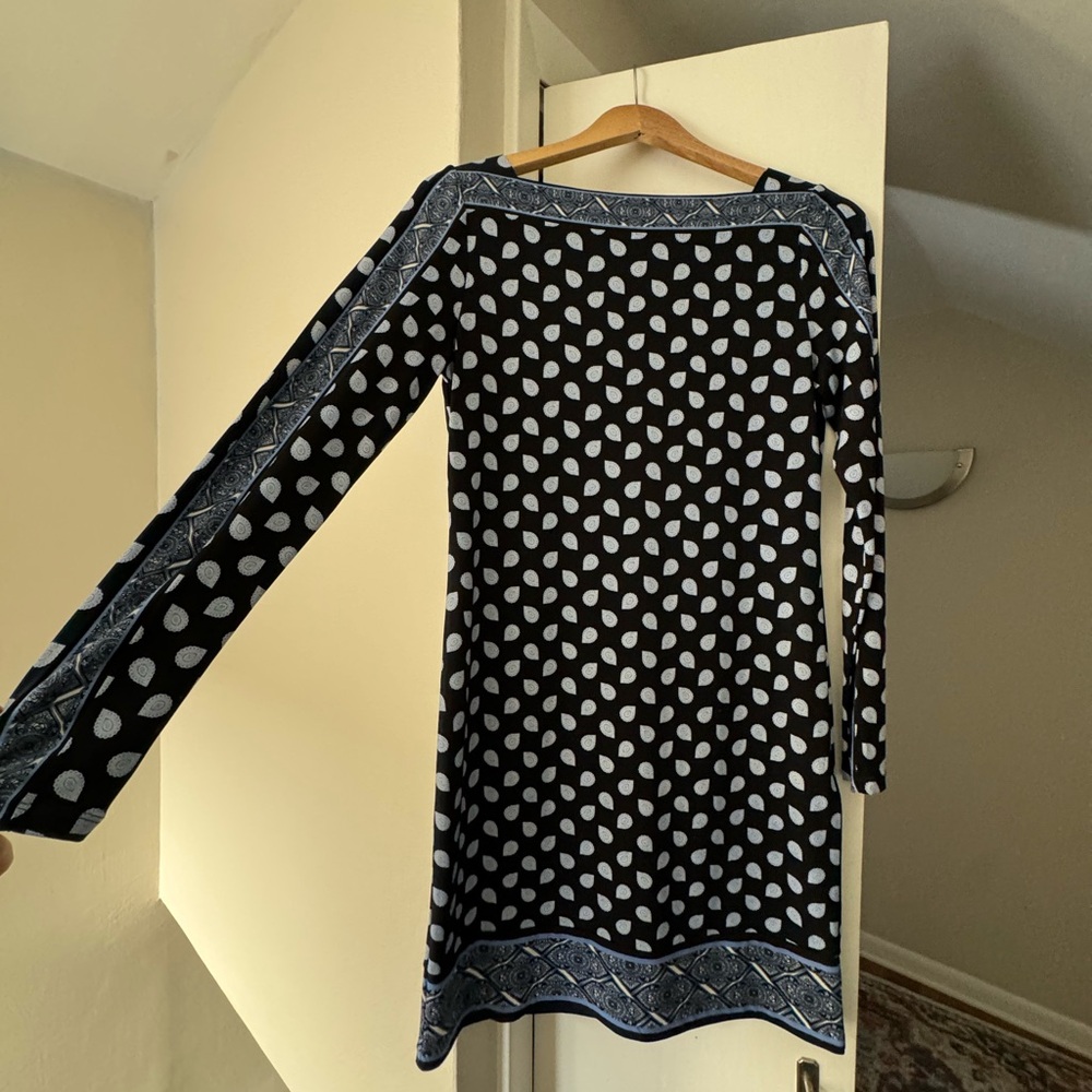 Michael Kors midi long sleeve, boat neck navy dress with light blue paisley